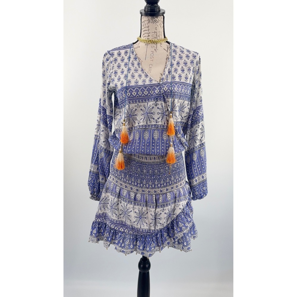 B44 Bell By Alicia Bell  Smocked Flounce Mini Dress Womens M Blue Silk Cotton
